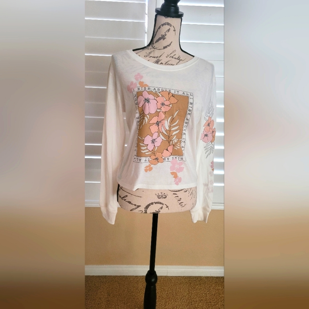 Love Tribe White Long Sleeve Tee with Pink and Tan Floral Print NWOT
